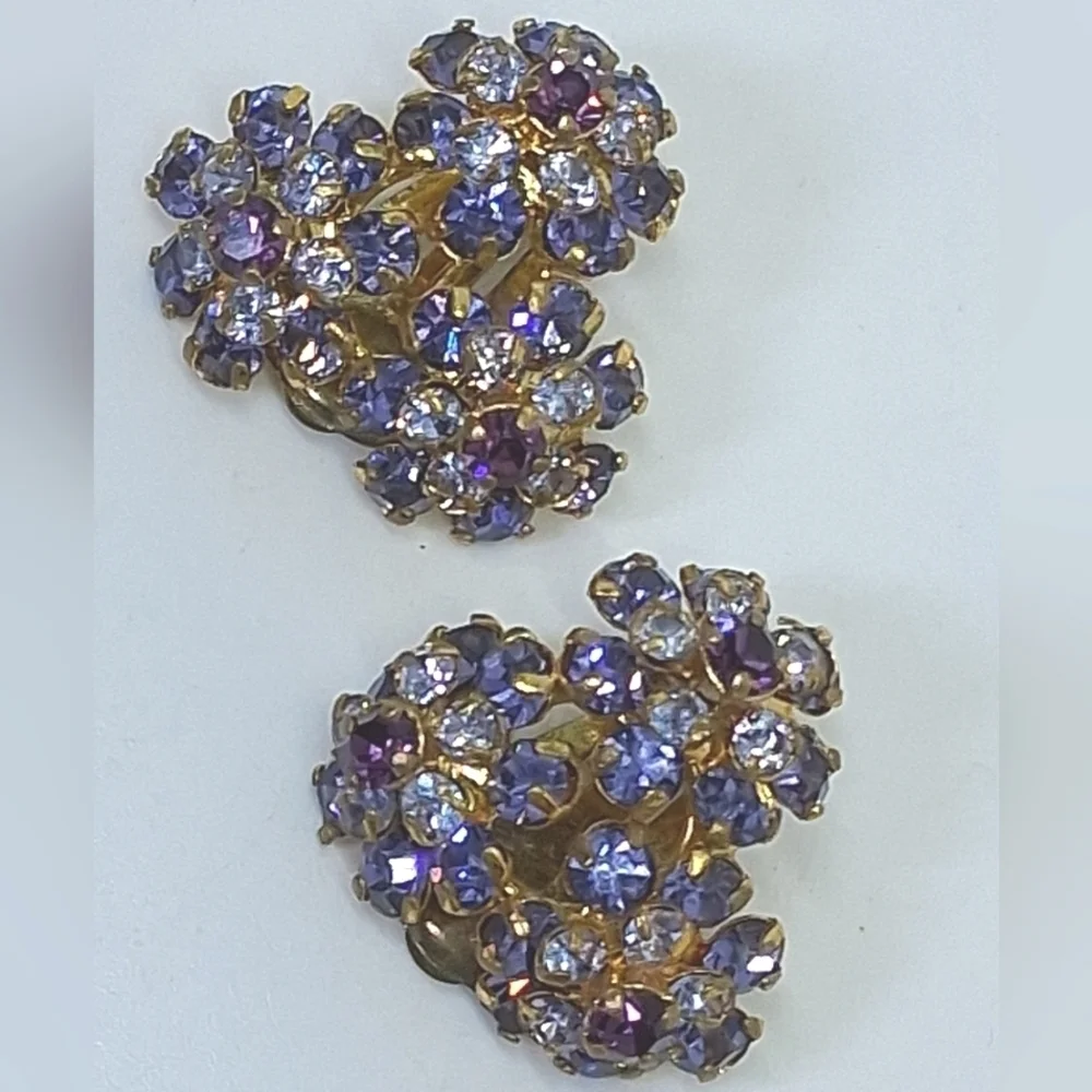 * Vintage Purple Austrian Crystal Flower Cluster Clip On Earrings